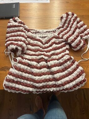 Striped Puff-Sleeve Peplum Tunic - White & Rust